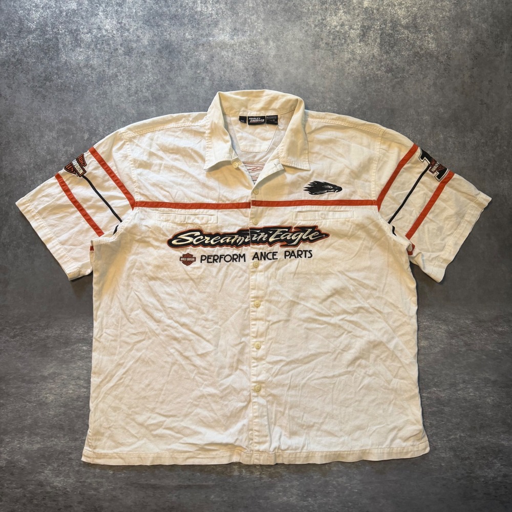 Vintage Harley Davidson Screamin Eagle Racing Shirt Mens 2XL White Pit Mechanic